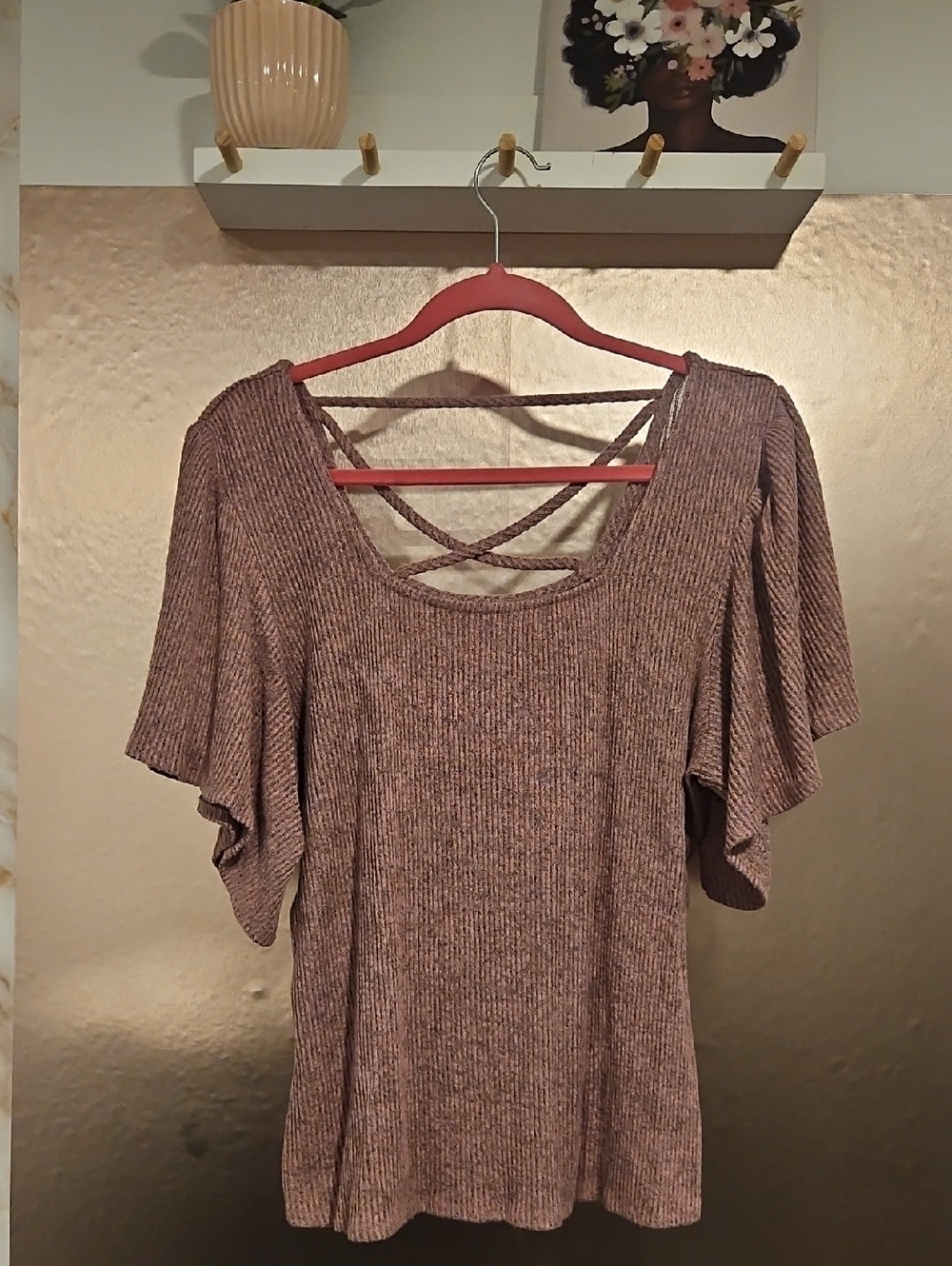 Maurices Ribbed Crisscross Back Flutter Sleeve Top - Mauve Pink
